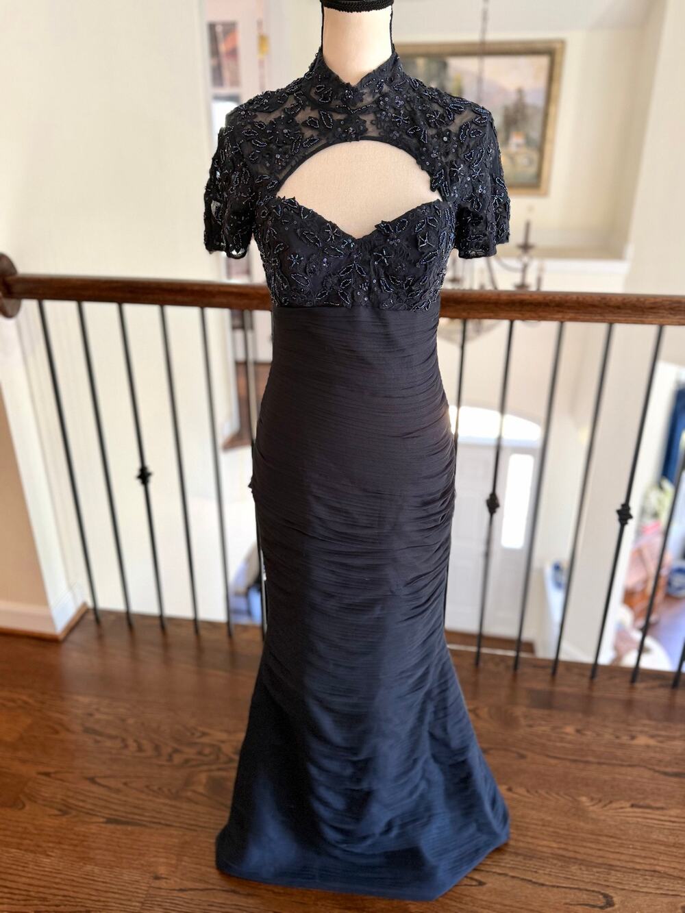Jovani Deep Navy Ruched Short Sleeve Mock Neck Beaded Cut Out Maxi Gown